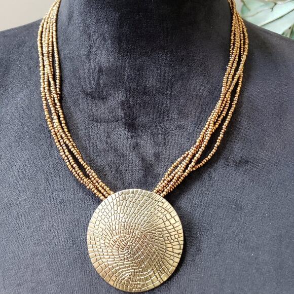 Womens Multi Strand Metal Gold Seed Beads Disk Pendant Necklace with Lobster - Picture 2 of 7